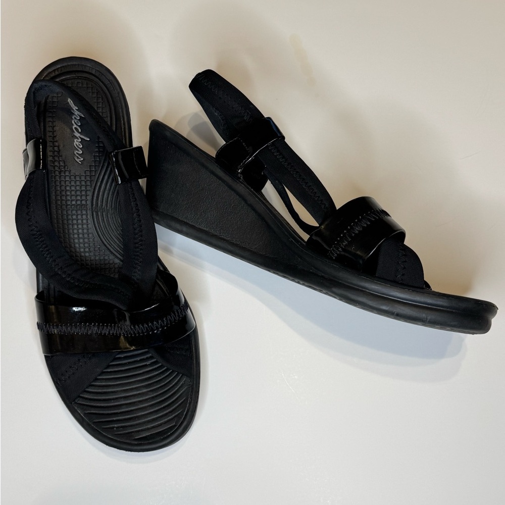 Skechers Black Wedge Sandals with Platform Sole